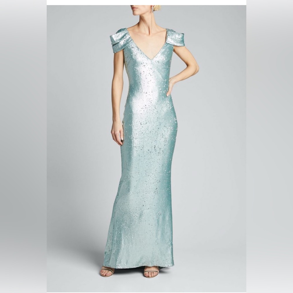 Badgley Mischka One Shoulder Sequin Gown in Light Blue